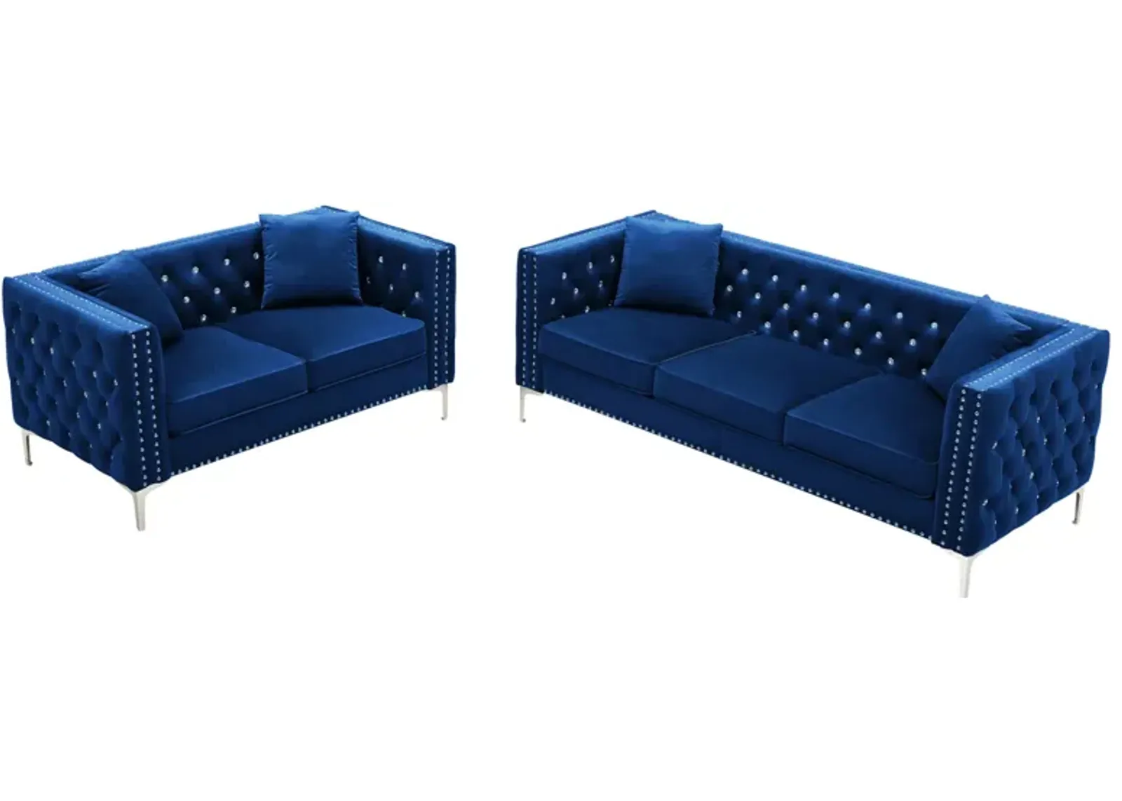 2 Piece Modern Velvet Living Room Set with Sofa and Loveseat, Jeweled Button Tufted Copper Nails Square Arms, 4 Pillows Included