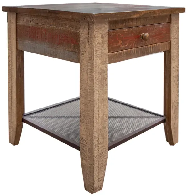 Fena 23 Inch Wide End Table, Single Drawer, Multicolor Distressed Pine Wood-Benzara