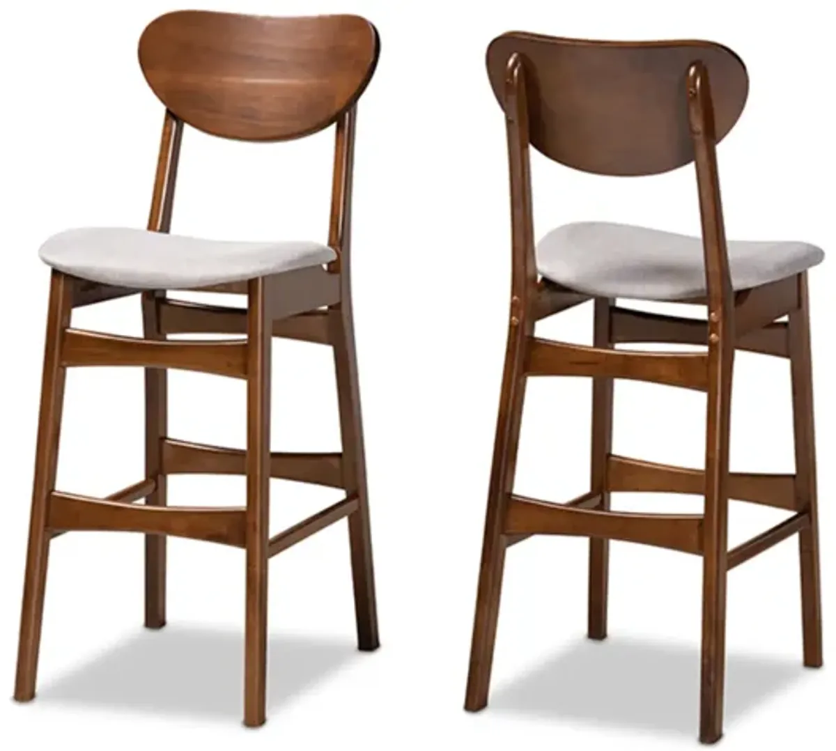 Baxton Studio Katya Mid-Century Modern Grey Fabric Upholstered and Walnut Brown Finished Wood 2-Piece Bar Stool Set