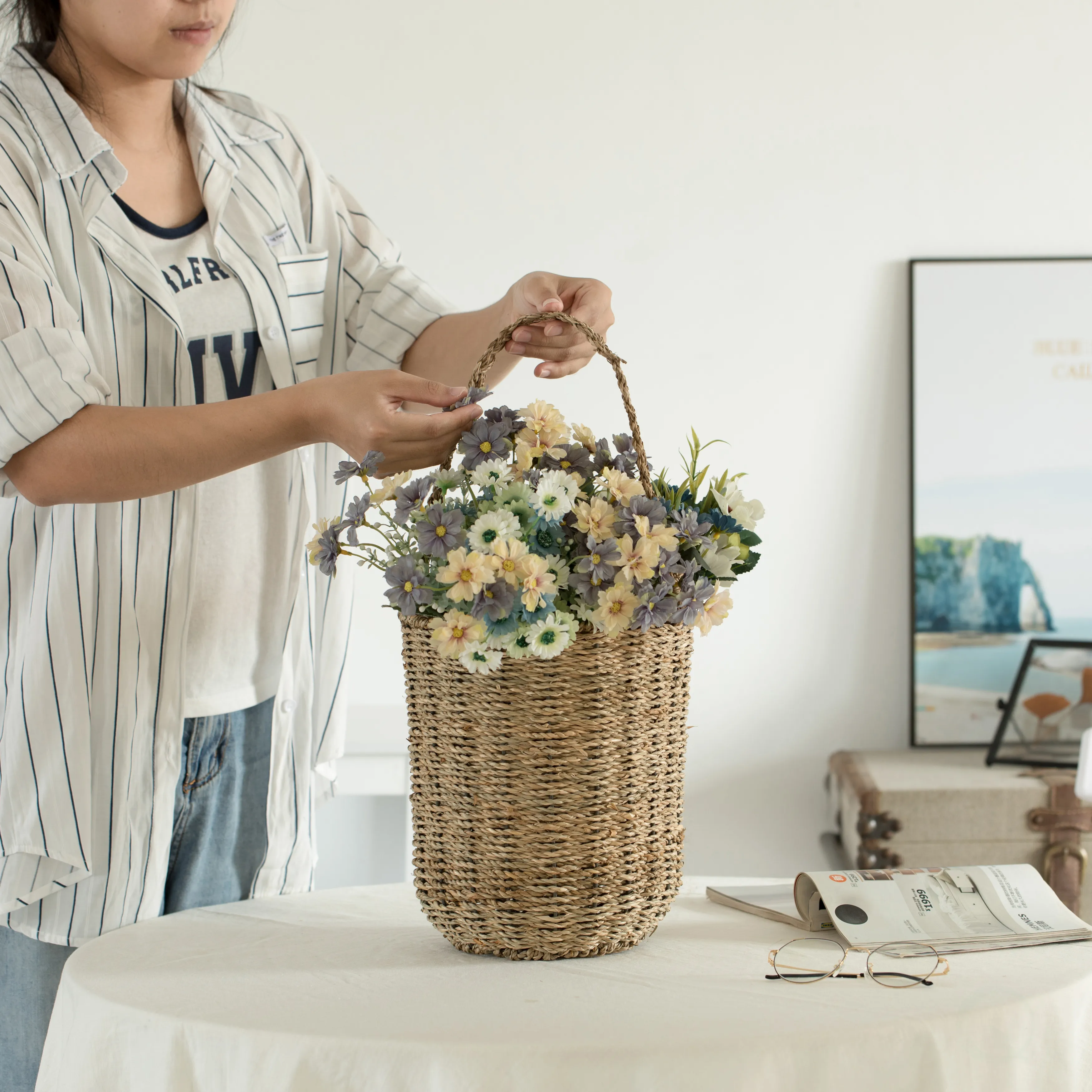 Decorative Woven Natural Seagrass Storage Basket with Built in Woven Handles