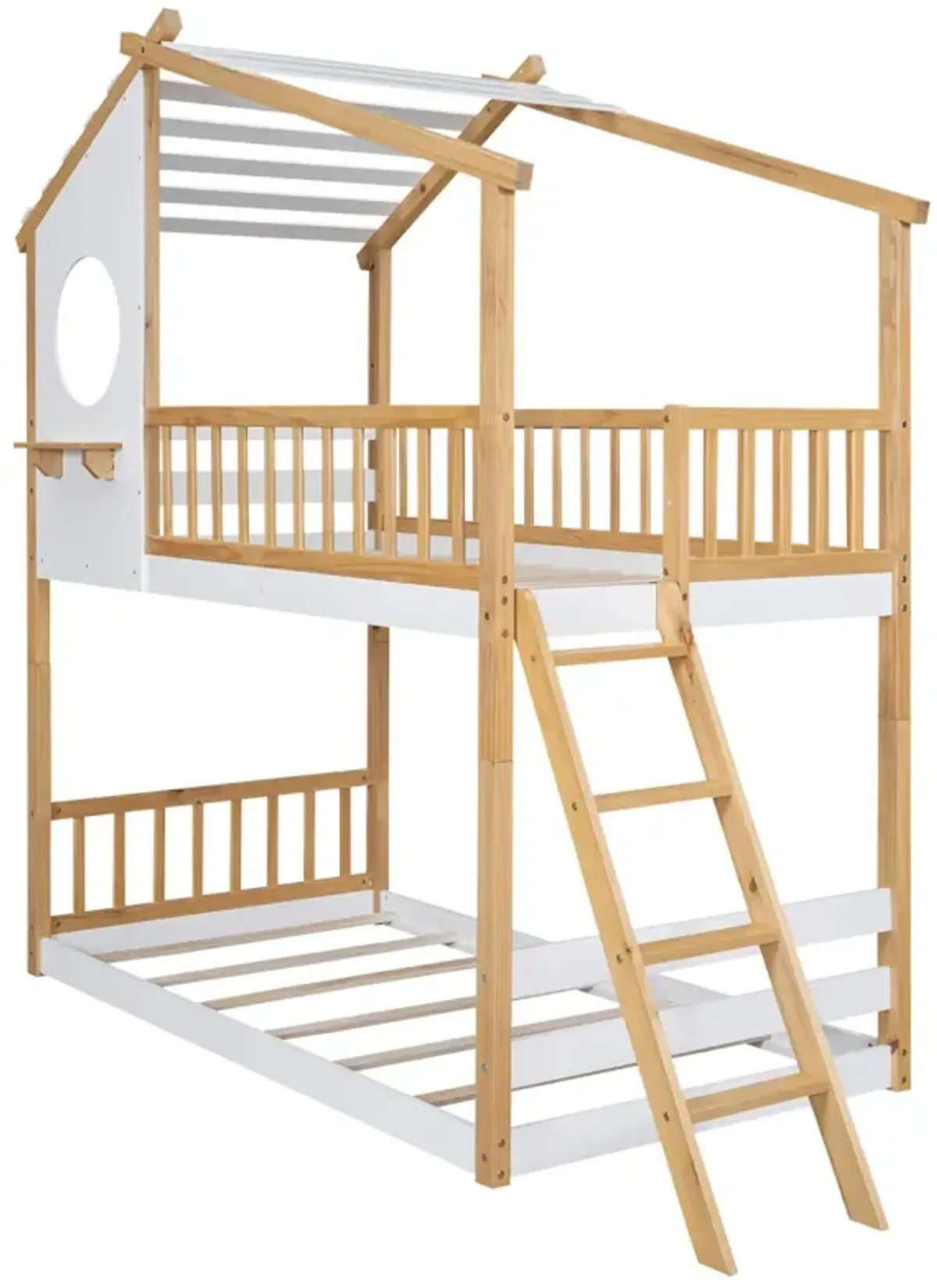 Twin Over Twin Bunk Bed Wood Bed With Roof, Window, Ladder, Natural