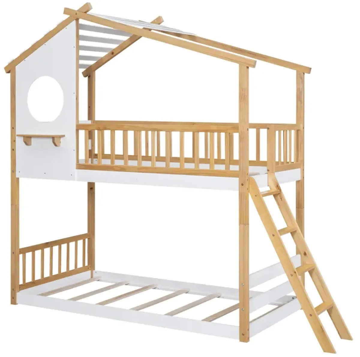 Twin Over Twin Bunk Bed Wood Bed With Roof, Window, Ladder, Natural