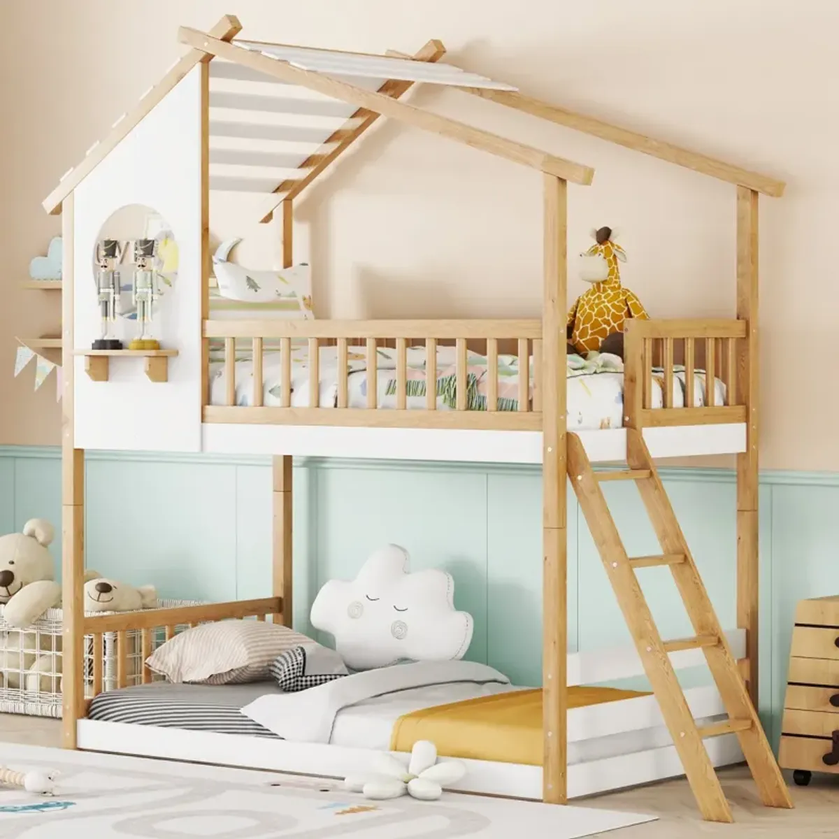 Twin Over Twin Bunk Bed Wood Bed With Roof, Window, Ladder, Natural