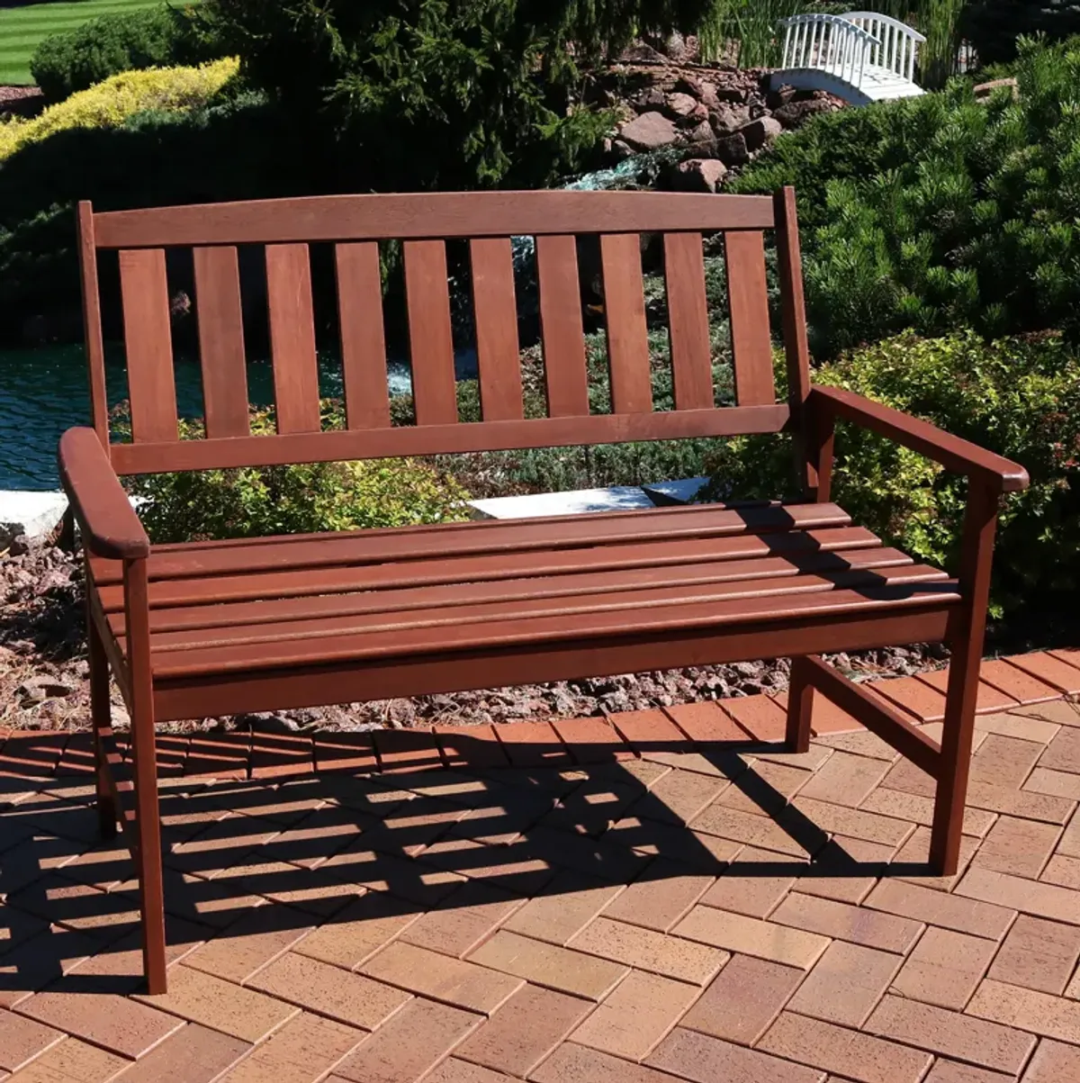 Sunnydaze 2-Person Meranti Wood with Teak Oil Finish Outdoor Garden Bench