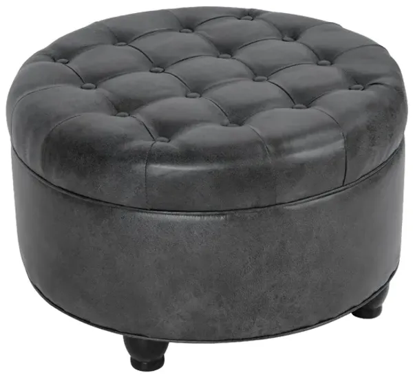 Gery Storage Ottoman, 25 Inch Round Tray Top, Dark Gray Faux Leather