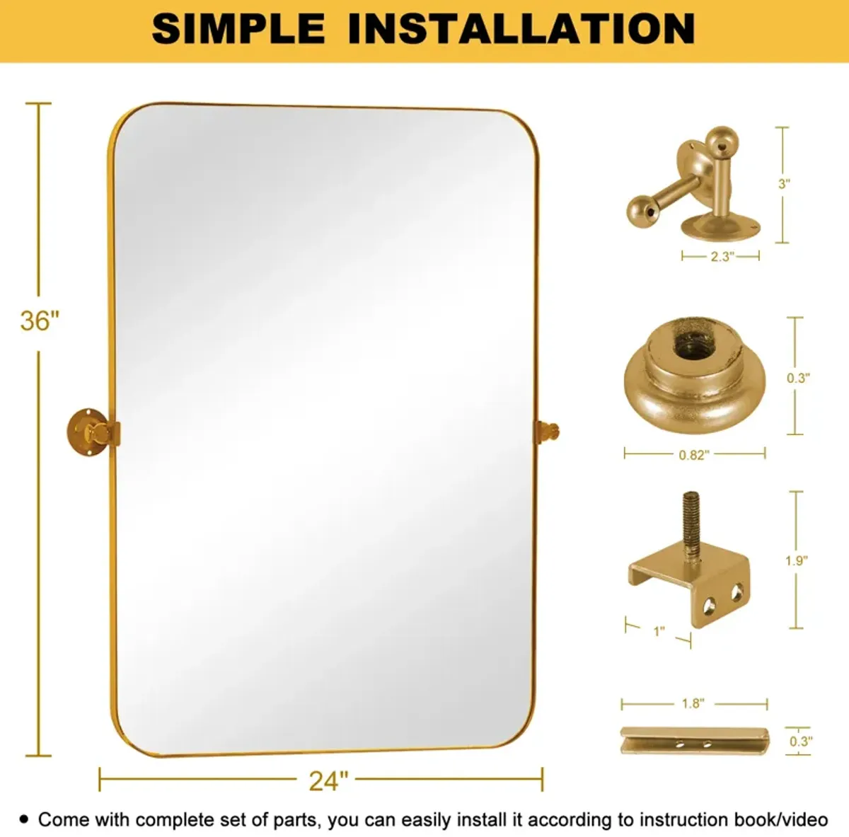 24*36  Rectangular Metal Framed Round Corner Bathroom Vanity Mirror in Gold