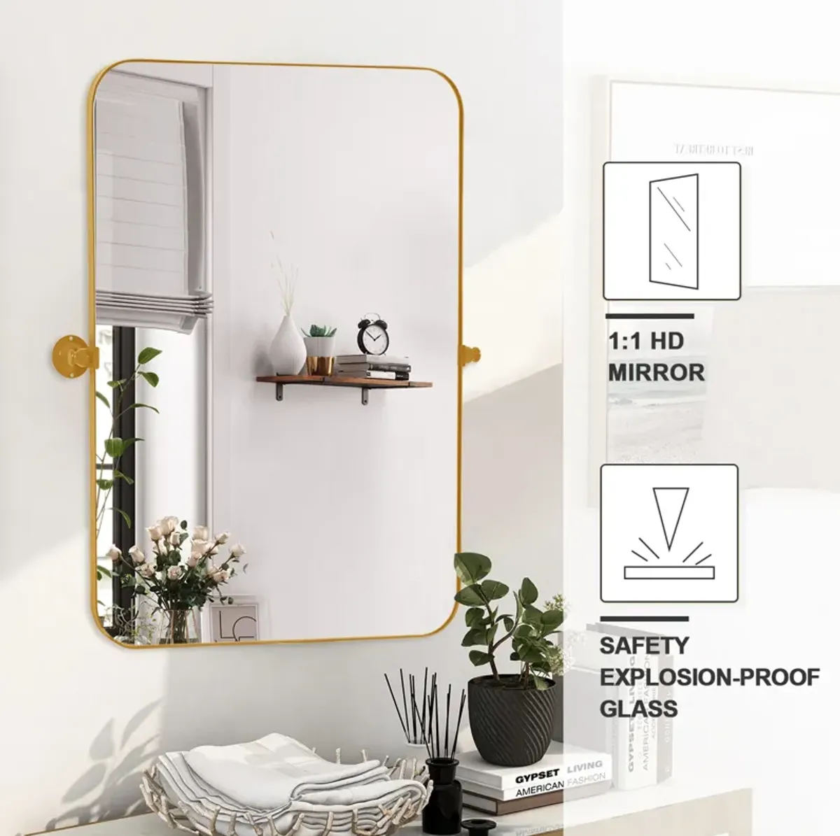 24*36  Rectangular Metal Framed Round Corner Bathroom Vanity Mirror in Gold