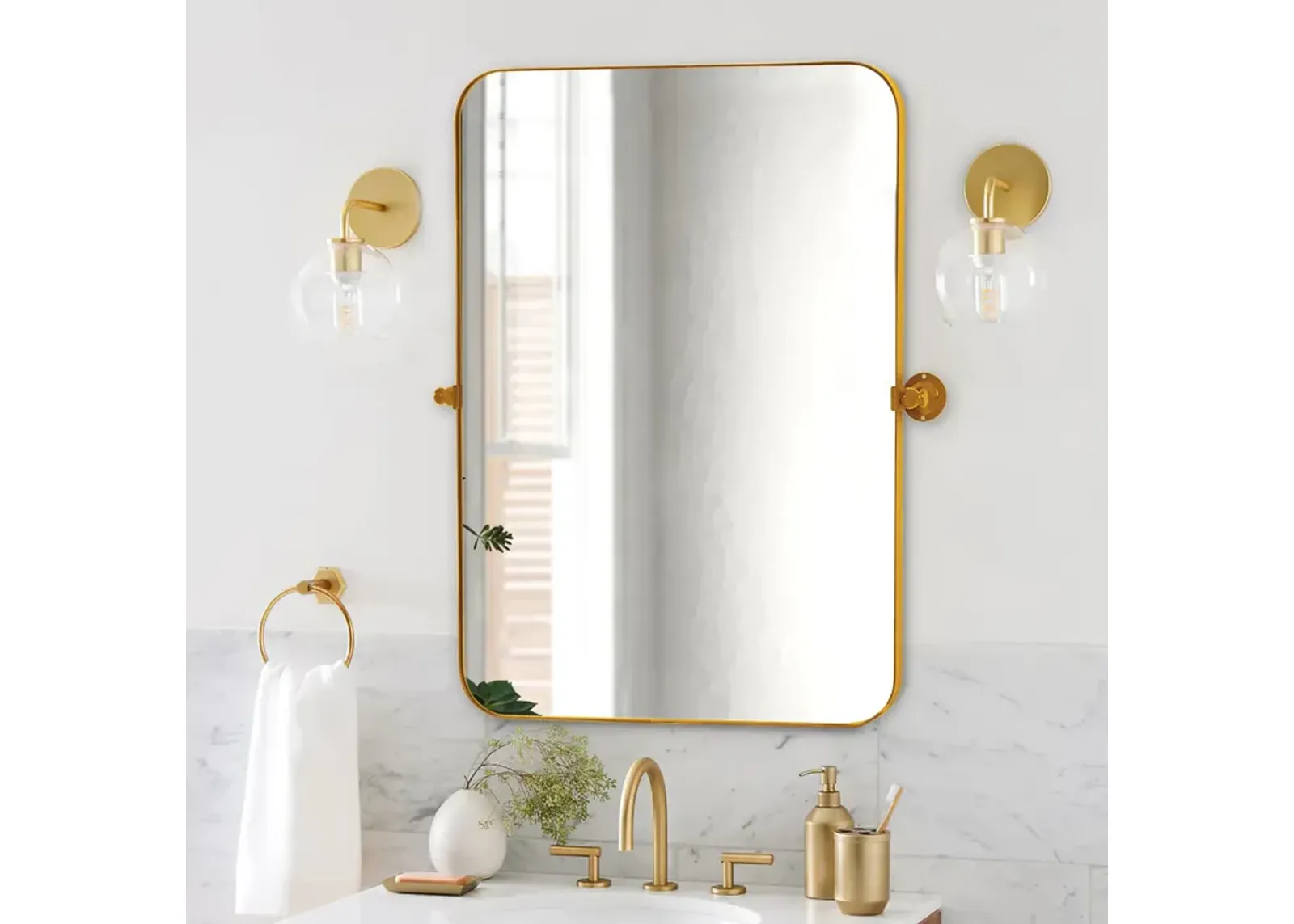 24*36  Rectangular Metal Framed Round Corner Bathroom Vanity Mirror in Gold