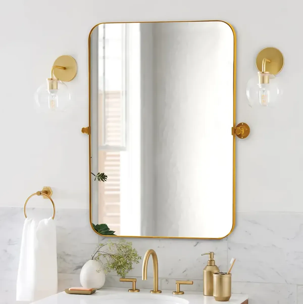 24*36  Rectangular Metal Framed Round Corner Bathroom Vanity Mirror in Gold