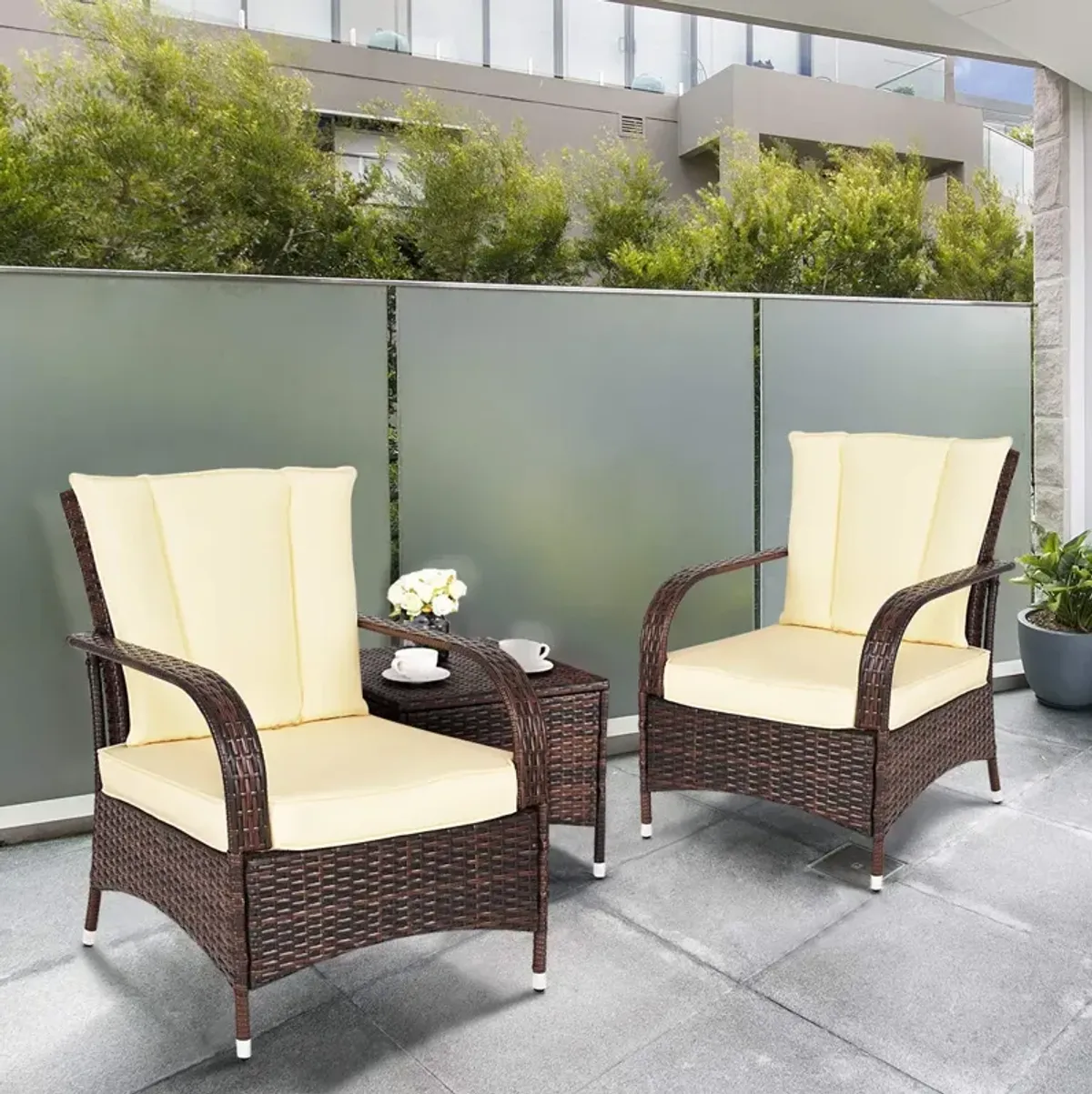 3 Pieces Patio Rattan Conversation Set with Glass Top Coffee Table and Cushions