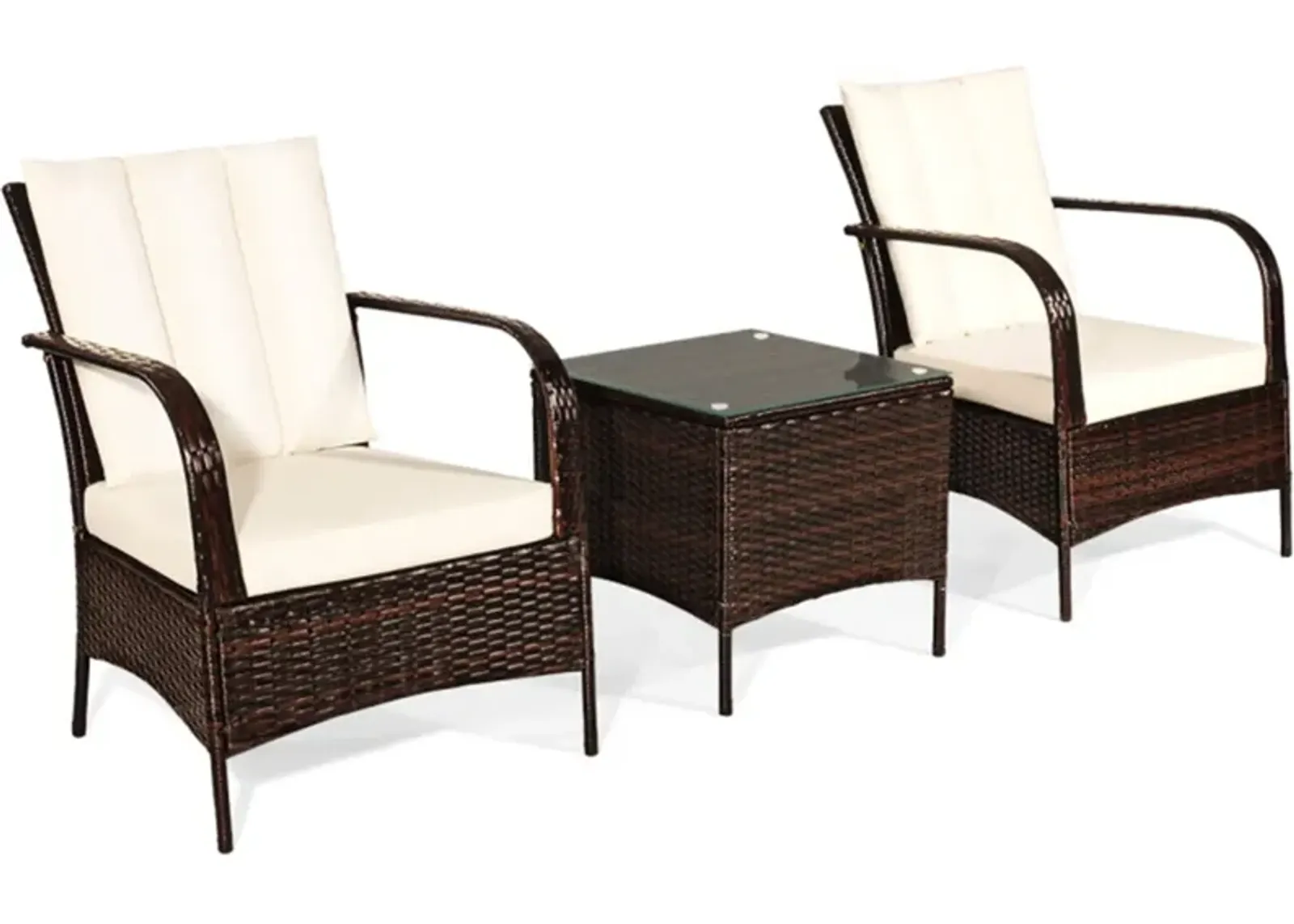 3 Pieces Patio Rattan Conversation Set with Glass Top Coffee Table and Cushions