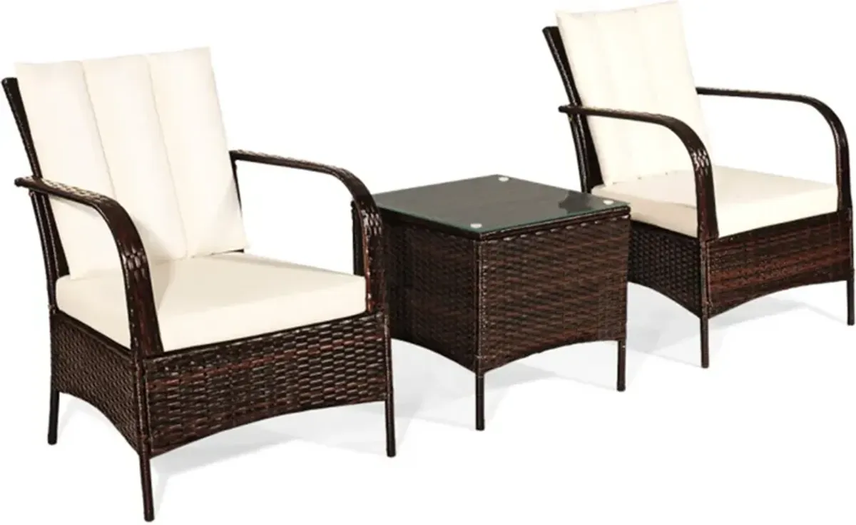 3 Pieces Patio Rattan Conversation Set with Glass Top Coffee Table and Cushions