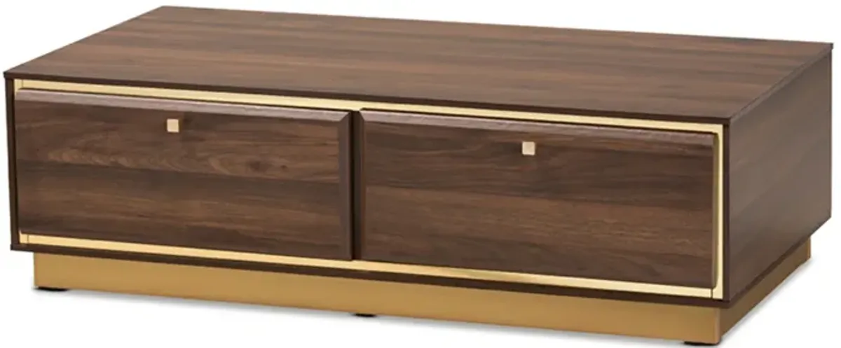 Baxton Studio Cormac Mid-Century Modern Transitional Walnut Brown Finished Wood and Gold Metal 2-Drawer Coffee Table