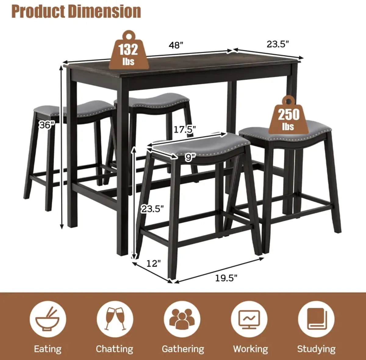 5-Piece Dining Set with 4 Upholstered Stools