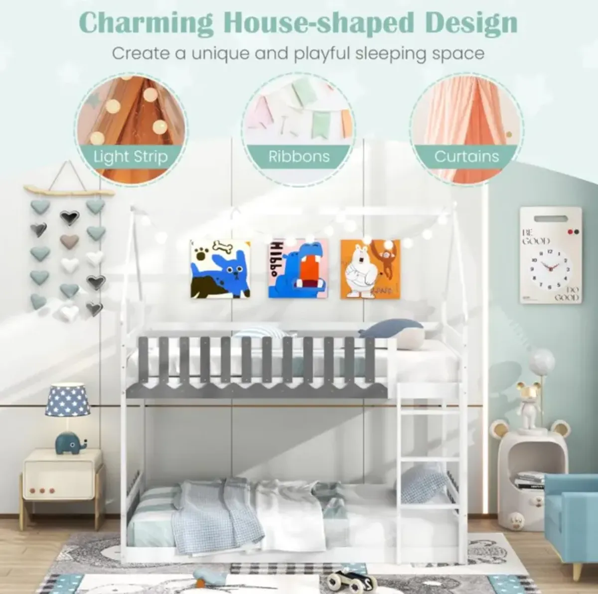 Hivvago Twin Over Twin Bunk Bed with Fence and Ladder for Kids