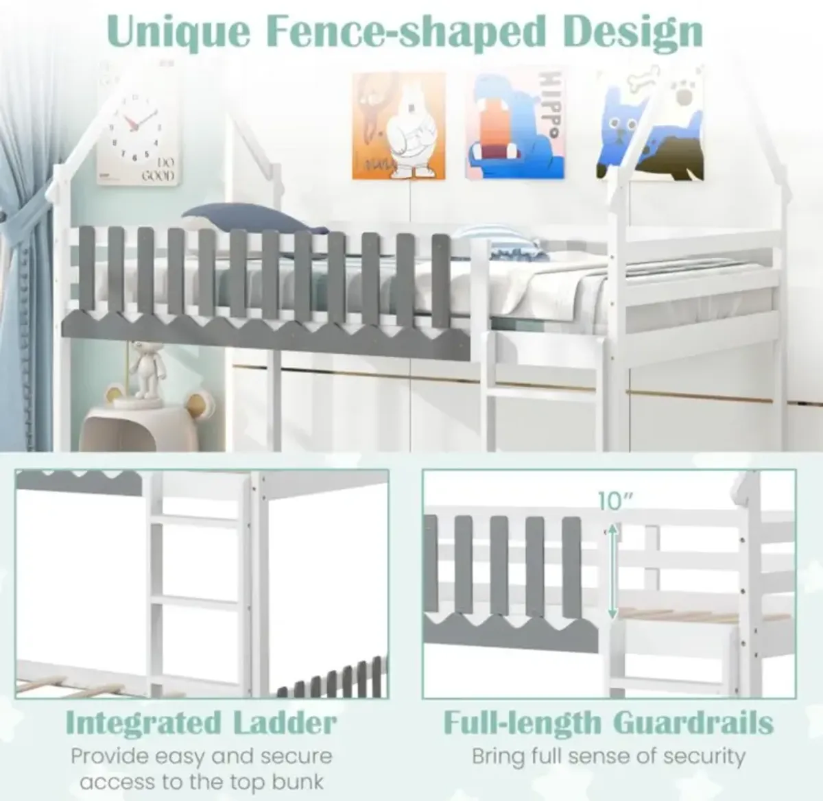 Hivvago Twin Over Twin Bunk Bed with Fence and Ladder for Kids