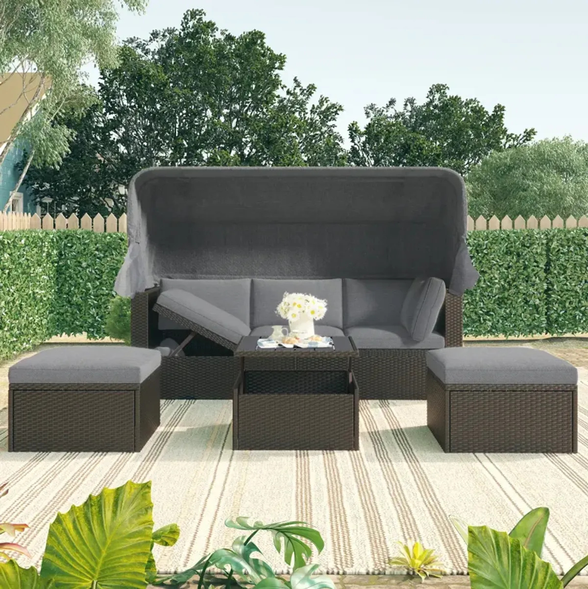 Outdoor Patio Rectangle Daybed With Retractable Canopy, Wicker Furniture Sectional Seating