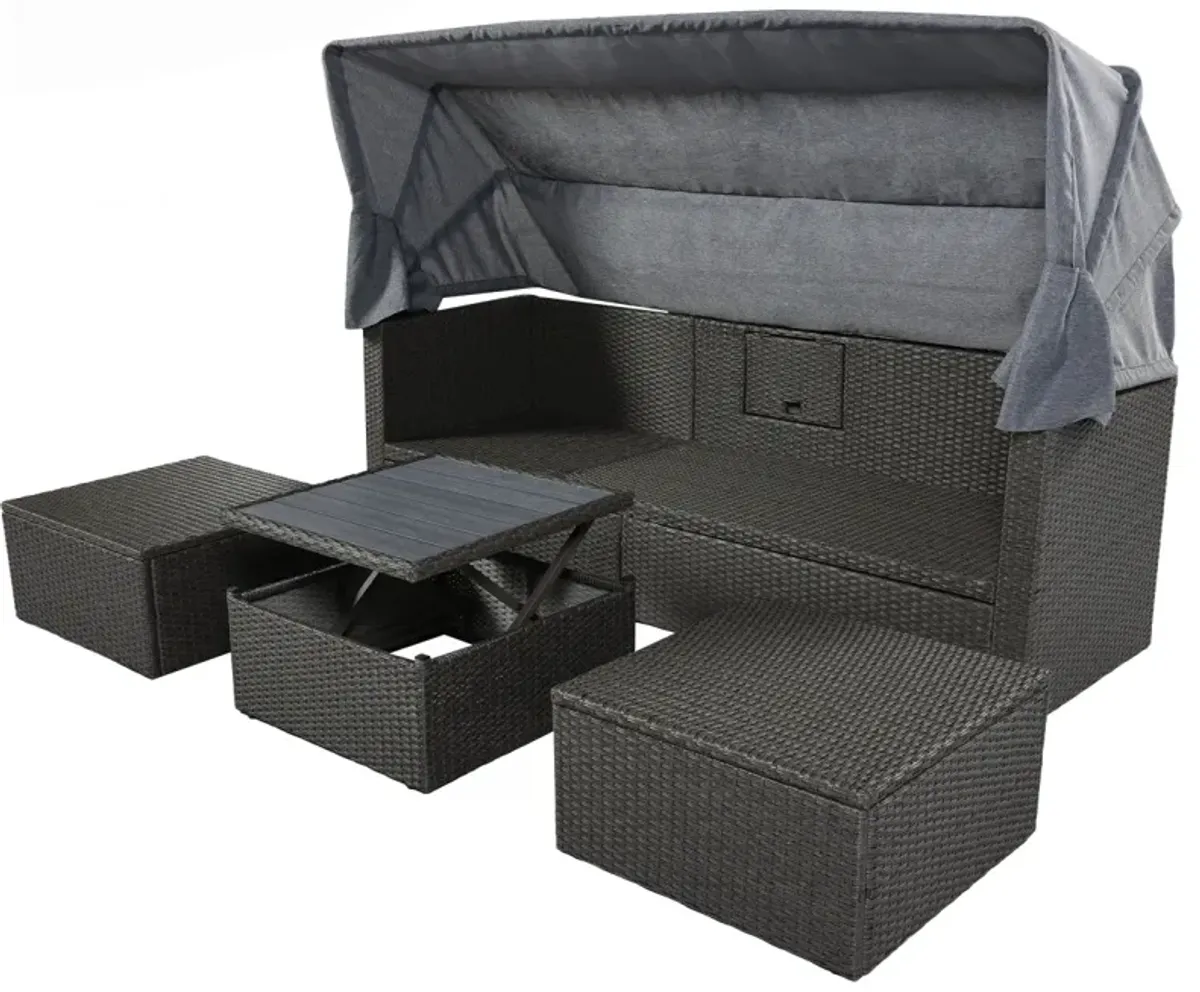 Outdoor Patio Rectangle Daybed With Retractable Canopy, Wicker Furniture Sectional Seating