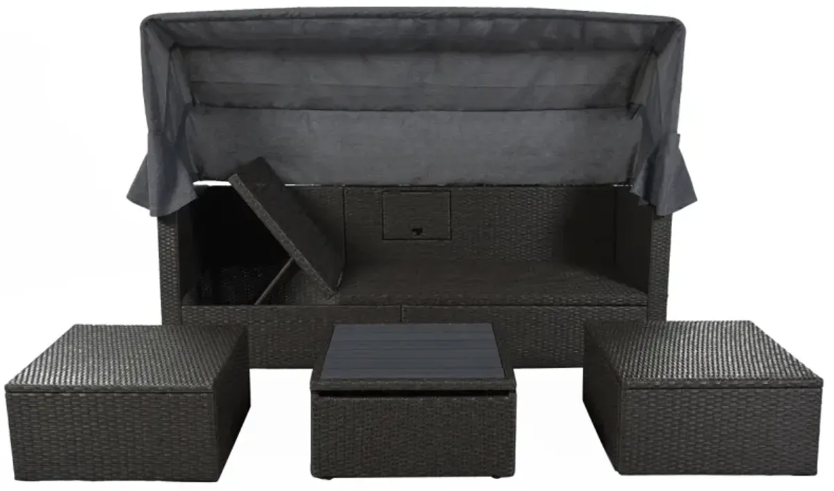 Outdoor Patio Rectangle Daybed With Retractable Canopy, Wicker Furniture Sectional Seating