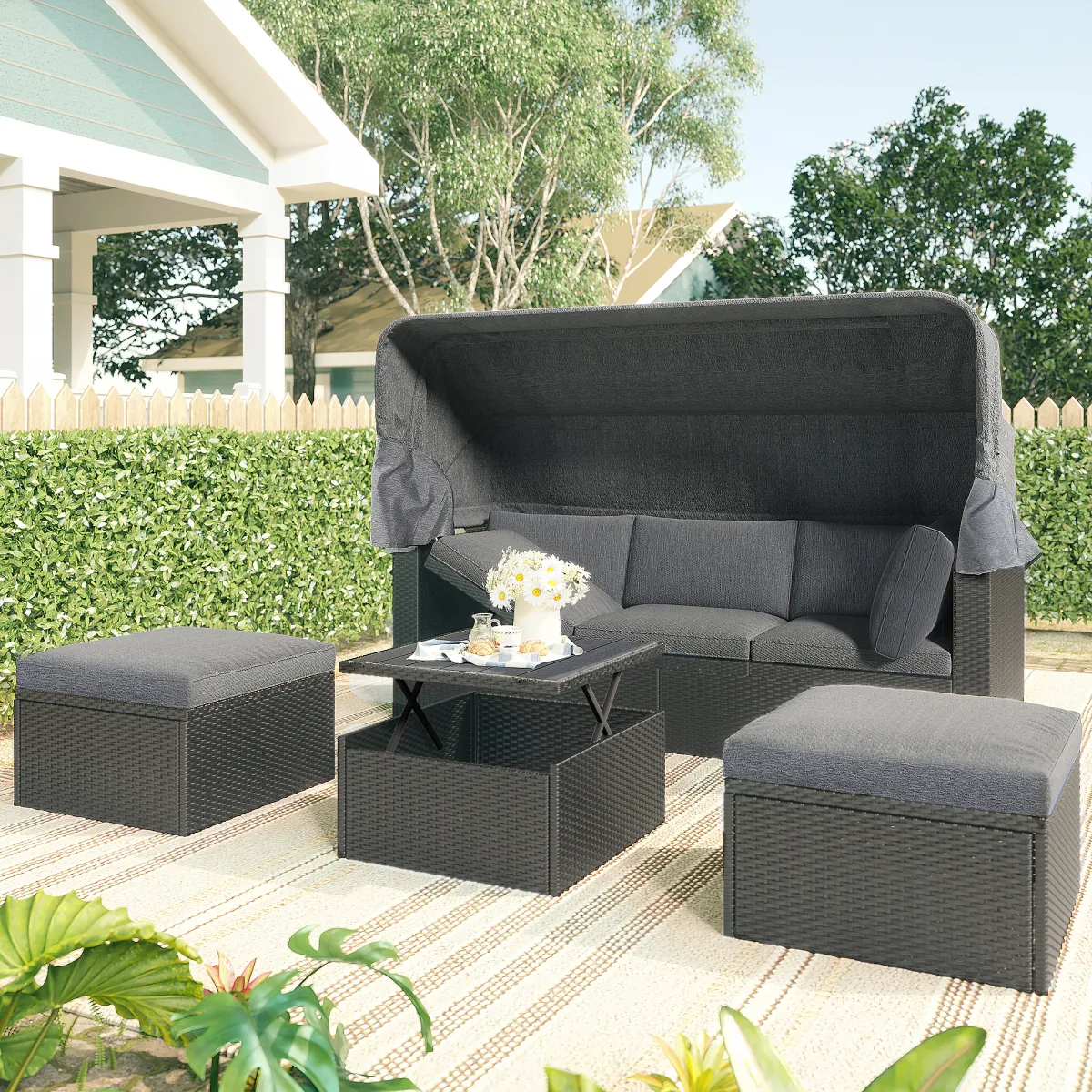 Outdoor Patio Rectangle Daybed with Retractable Canopy, Wicker Furniture Sectional Seating with Washable Cushions, Backyard, Porch?As same as WY000263AAE?