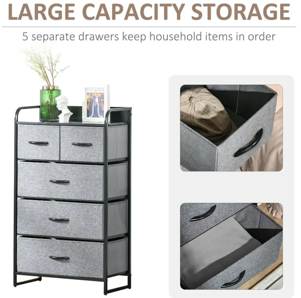 Gray Bedroom Organizer: 5-Drawer Dresser with Steel Frame and Wooden Top