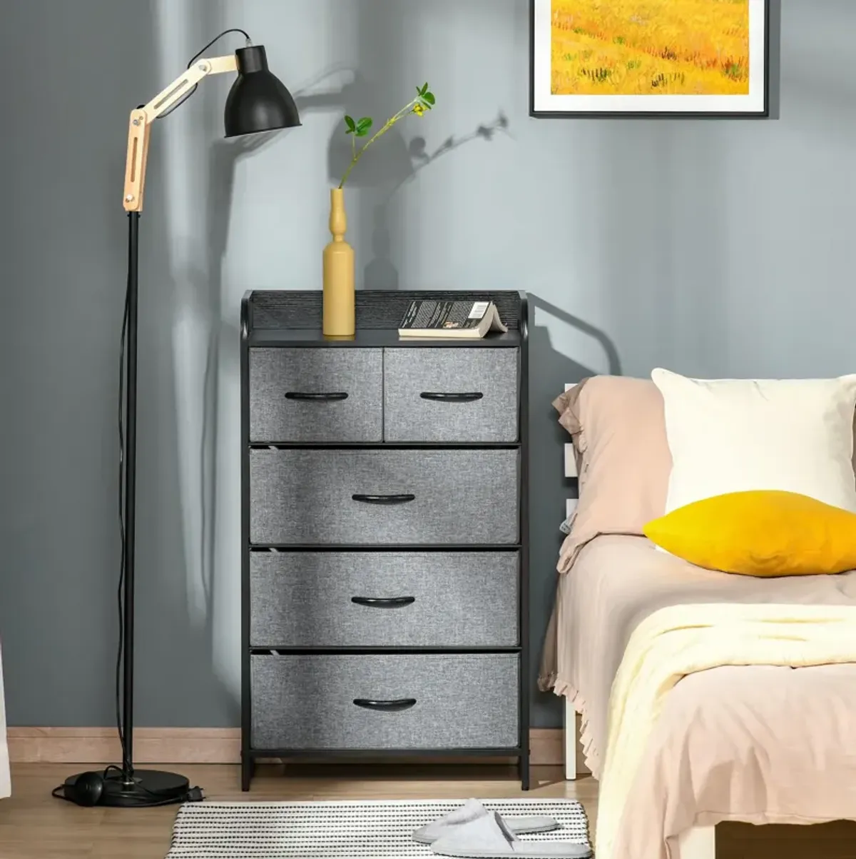 Gray Bedroom Organizer: 5-Drawer Dresser with Steel Frame and Wooden Top