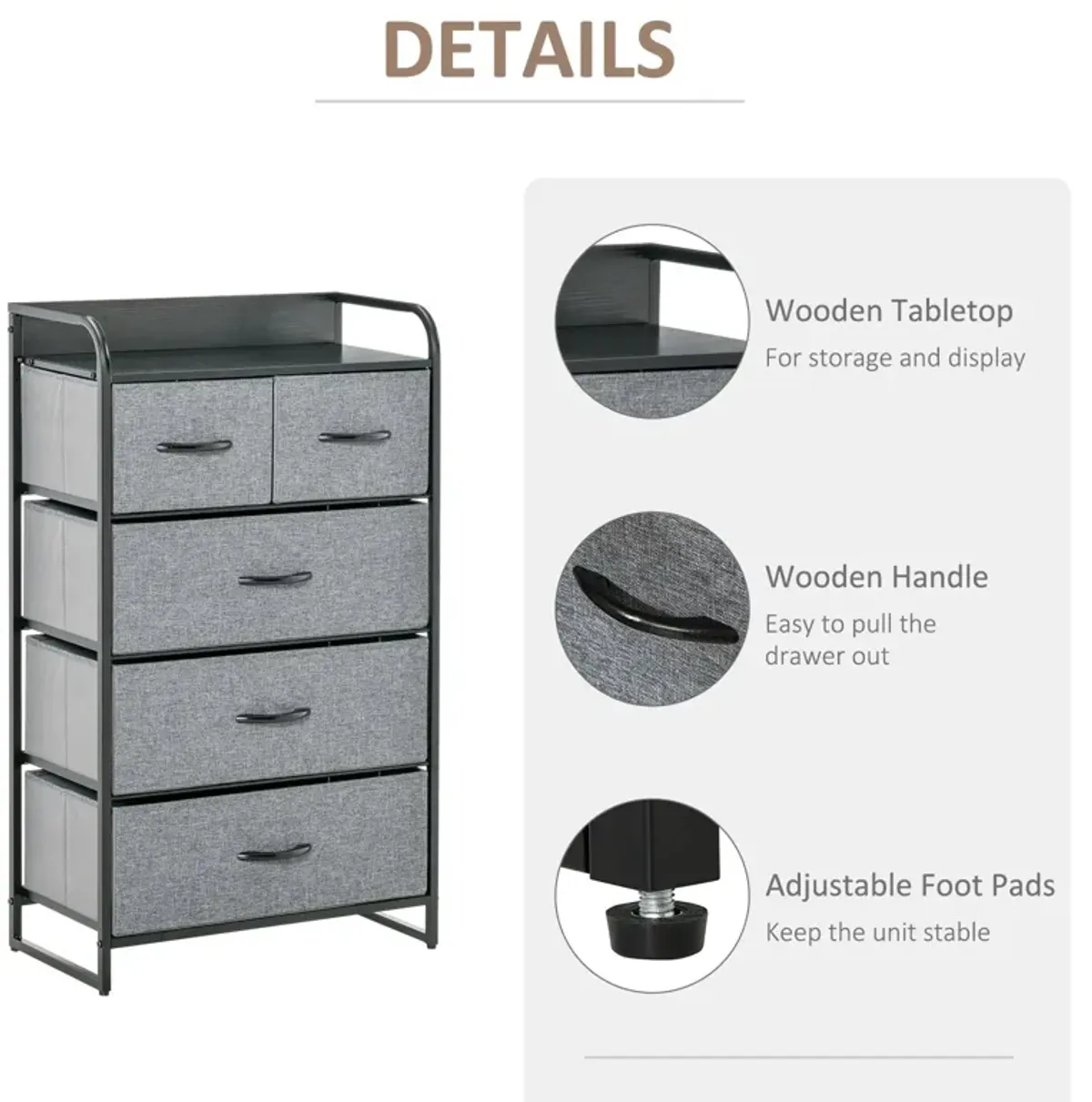 Gray Bedroom Organizer: 5-Drawer Dresser with Steel Frame and Wooden Top