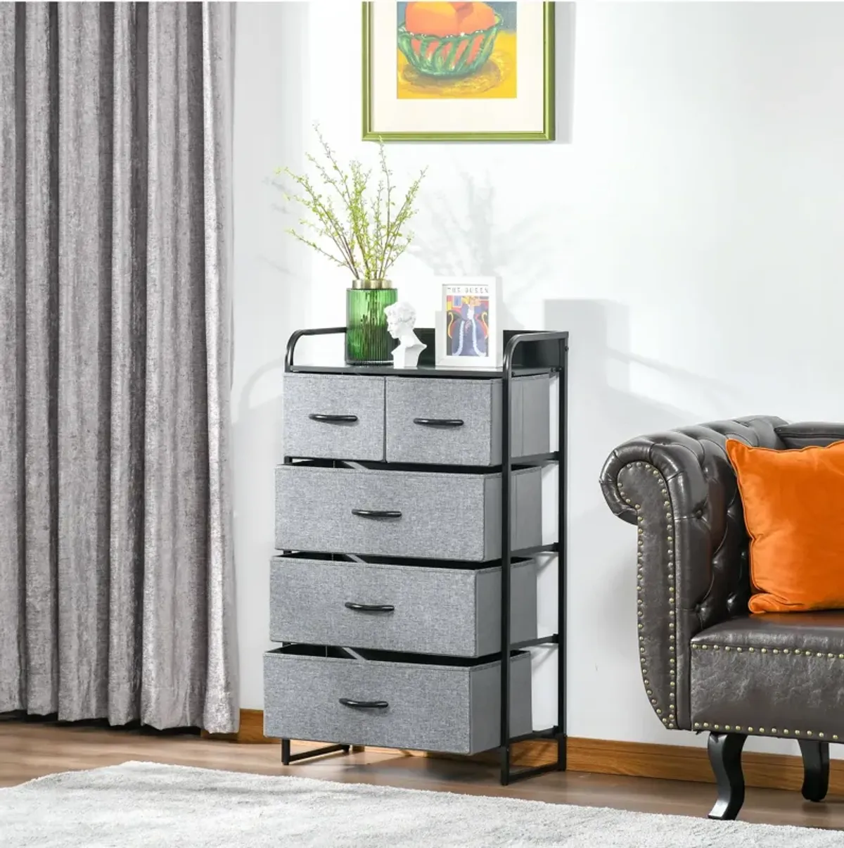 Gray Bedroom Organizer: 5-Drawer Dresser with Steel Frame and Wooden Top