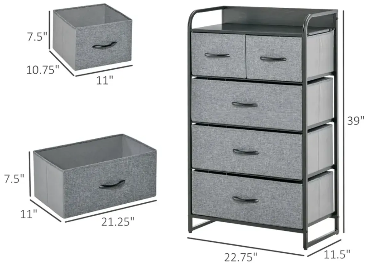 Gray Bedroom Organizer: 5-Drawer Dresser with Steel Frame and Wooden Top