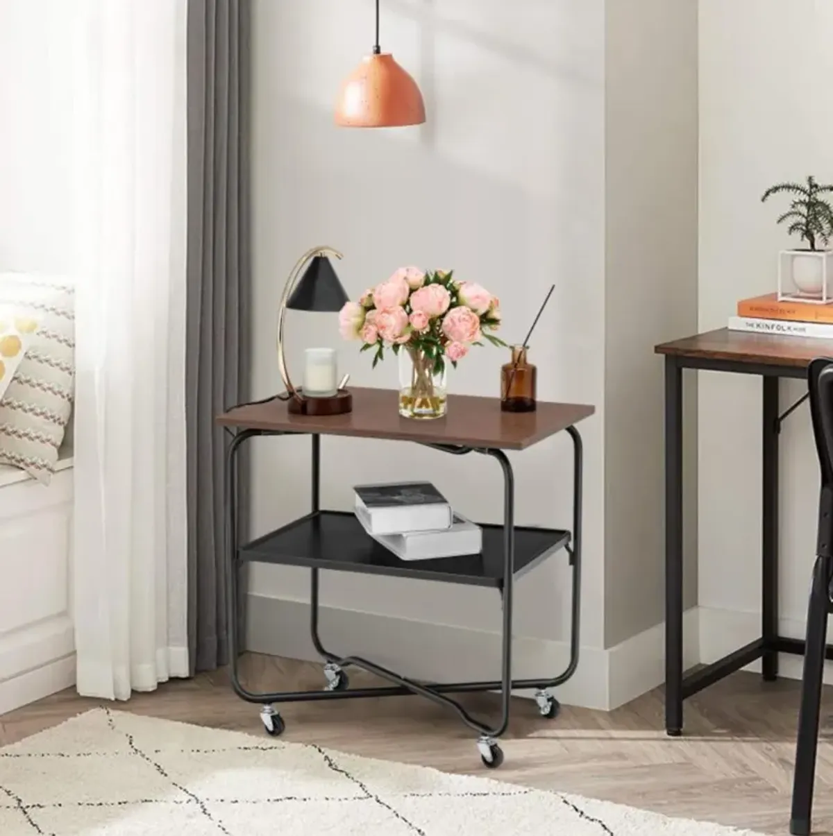 Hivvago 2-Tier End Table with Metal Storage Shelf and Foldable Frame