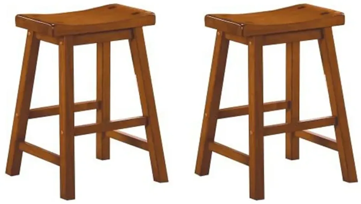 Wooden 24" Counter Height Stool with Saddle Seat, Oak Brown, Set Of 2-Benzara