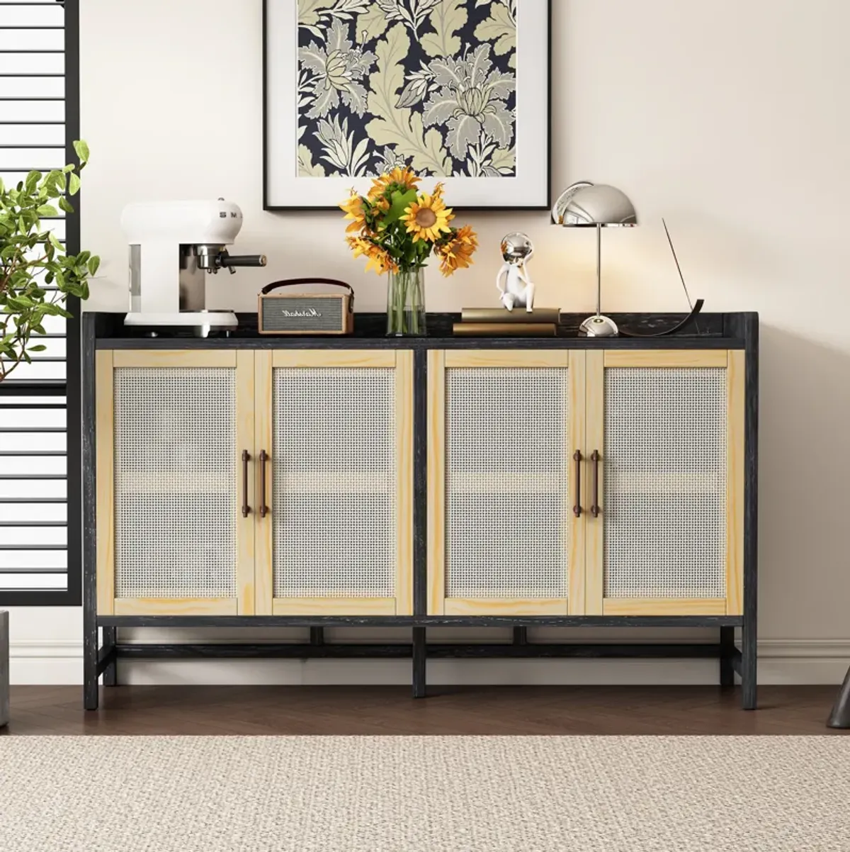 Merax Rustic Sideboard with Decorative Rattan Doors