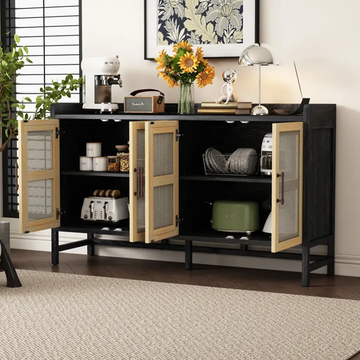 Merax Rustic Sideboard with Decorative Rattan Doors