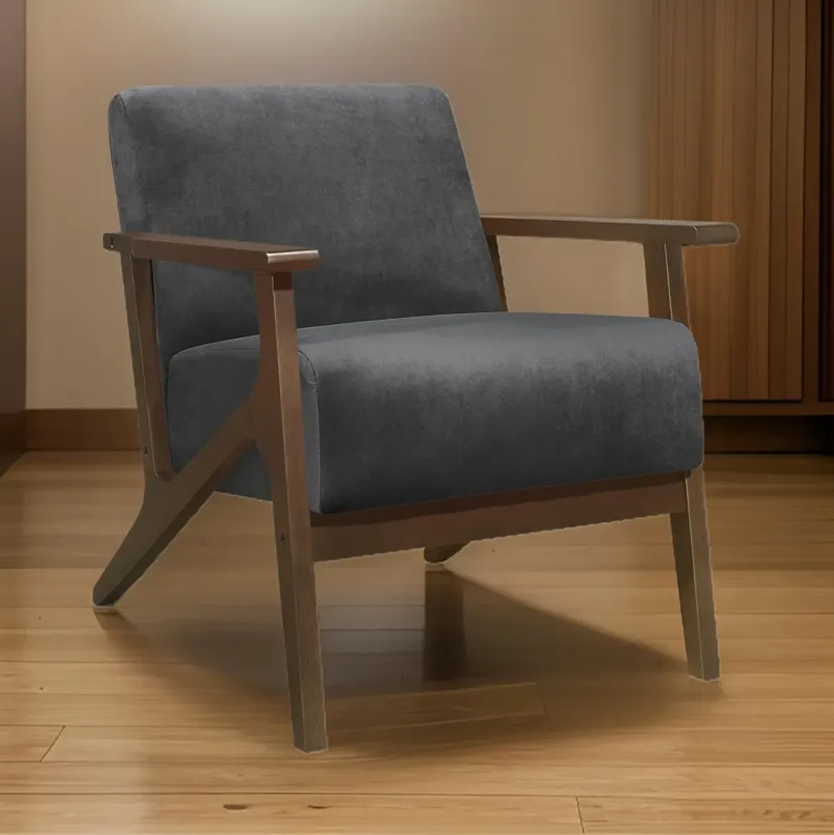 Rica 32 Inch Accent Armchair, Dark Gray Velvet, Walnut Brown Solid Wood - Benzara