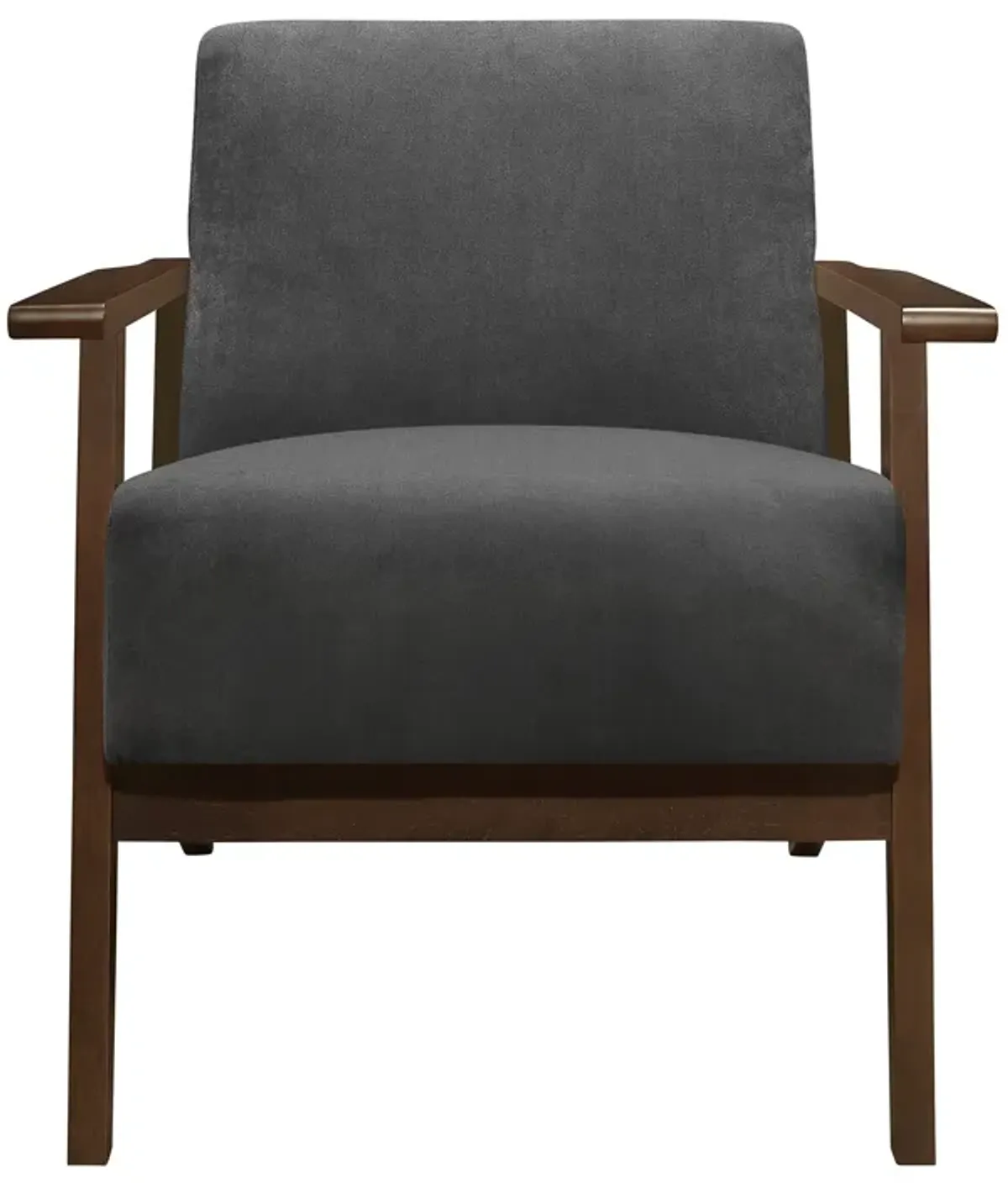 Rica 32 Inch Accent Armchair, Dark Gray Velvet, Walnut Brown Solid Wood - Benzara