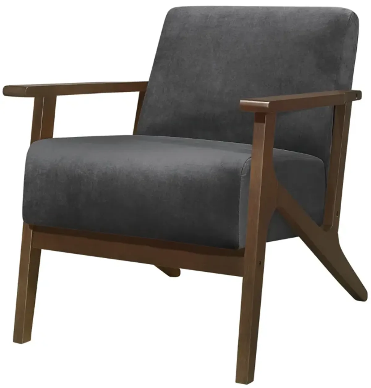 Rica 32 Inch Accent Armchair, Dark Gray Velvet, Walnut Brown Solid Wood - Benzara