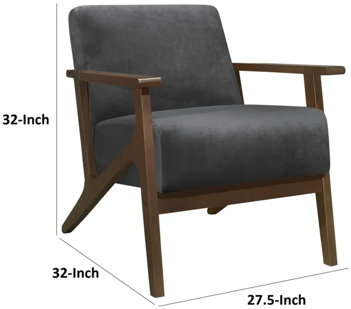 Rica 32 Inch Accent Armchair, Dark Gray Velvet, Walnut Brown Solid Wood - Benzara