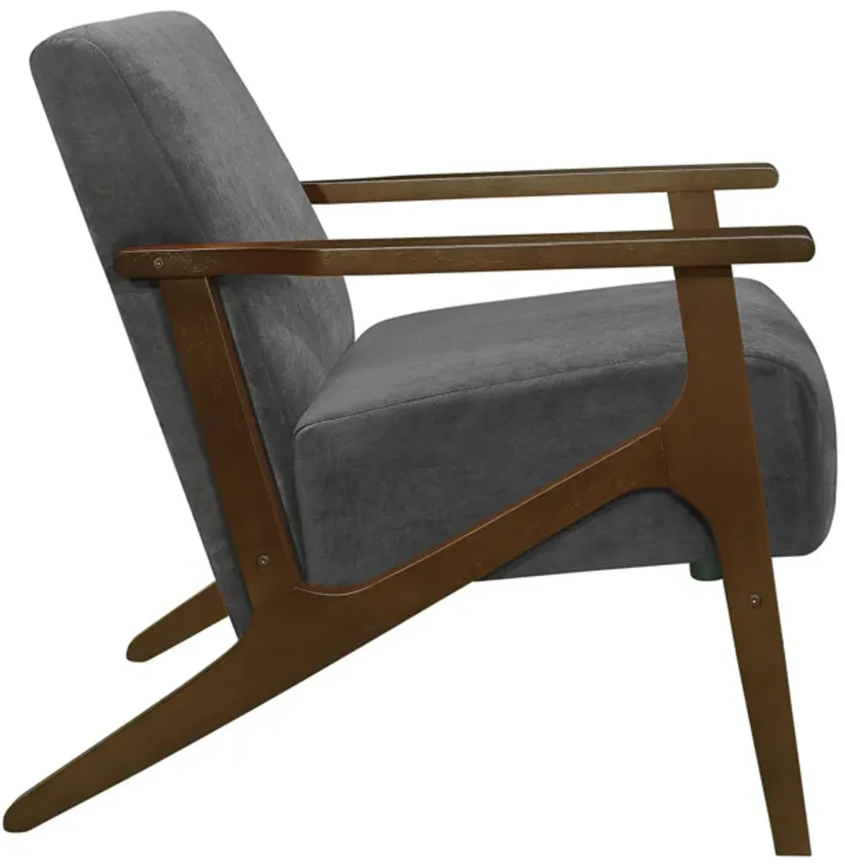 Rica 32 Inch Accent Armchair, Dark Gray Velvet, Walnut Brown Solid Wood - Benzara