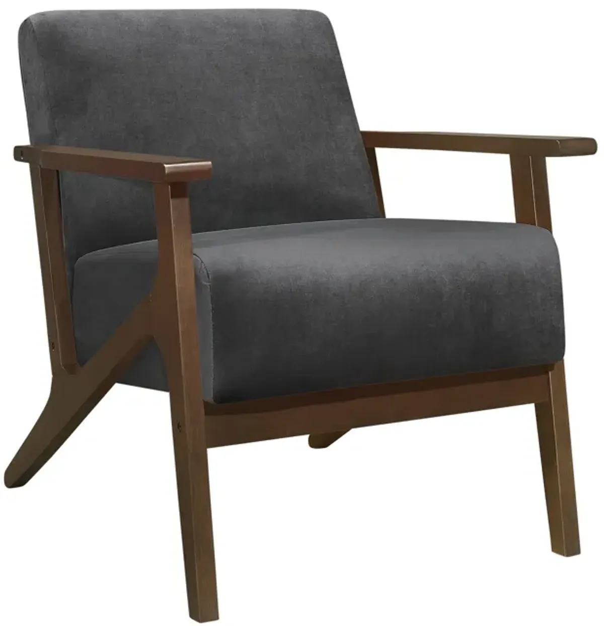 Rica 32 Inch Accent Armchair, Dark Gray Velvet, Walnut Brown Solid Wood - Benzara