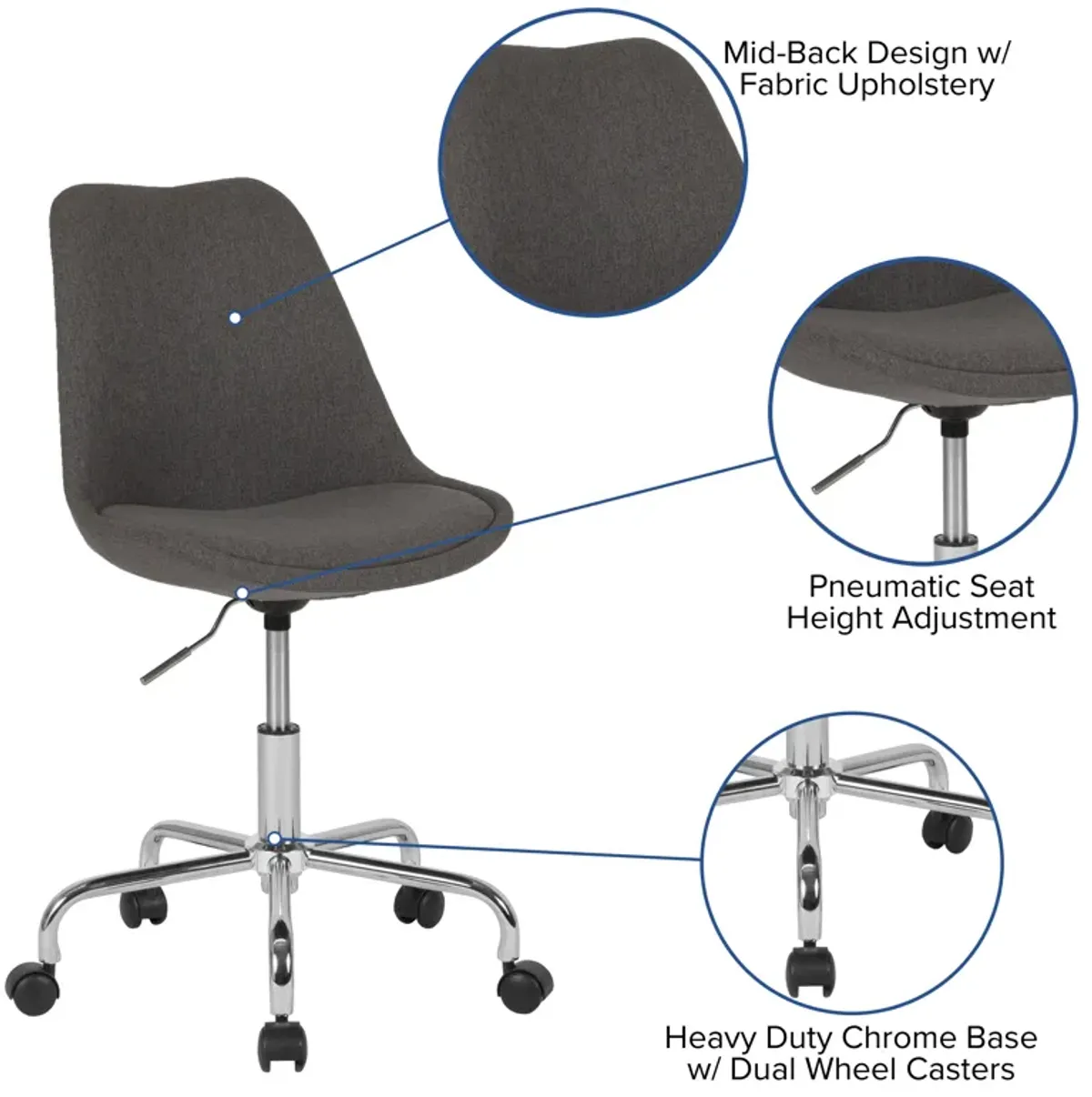 Aurora Series Mid-Back Fabric Task Office Chair with Pneumatic Lift and Chrome Base