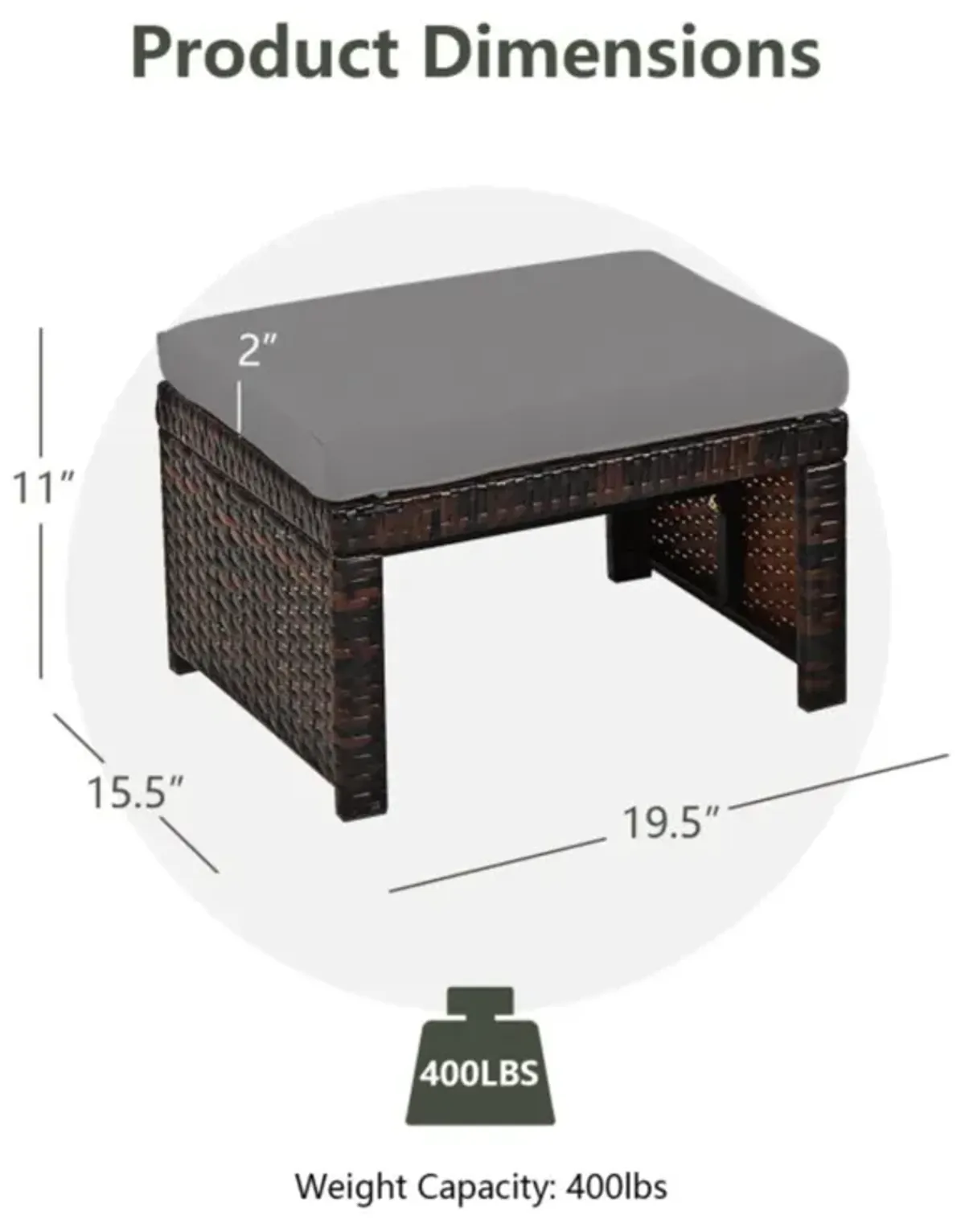 Hivvago 2 Pieces Patio Rattan Ottomans with Soft Cushion for Patio and Garden