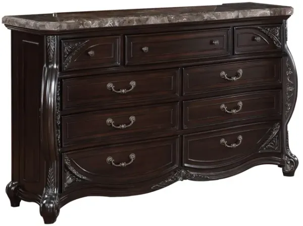 Benjara Faya 68 Inch Wide Dresser, 9 Drawers, Marble Top, Carved Walnut Wood, Brown, Silver