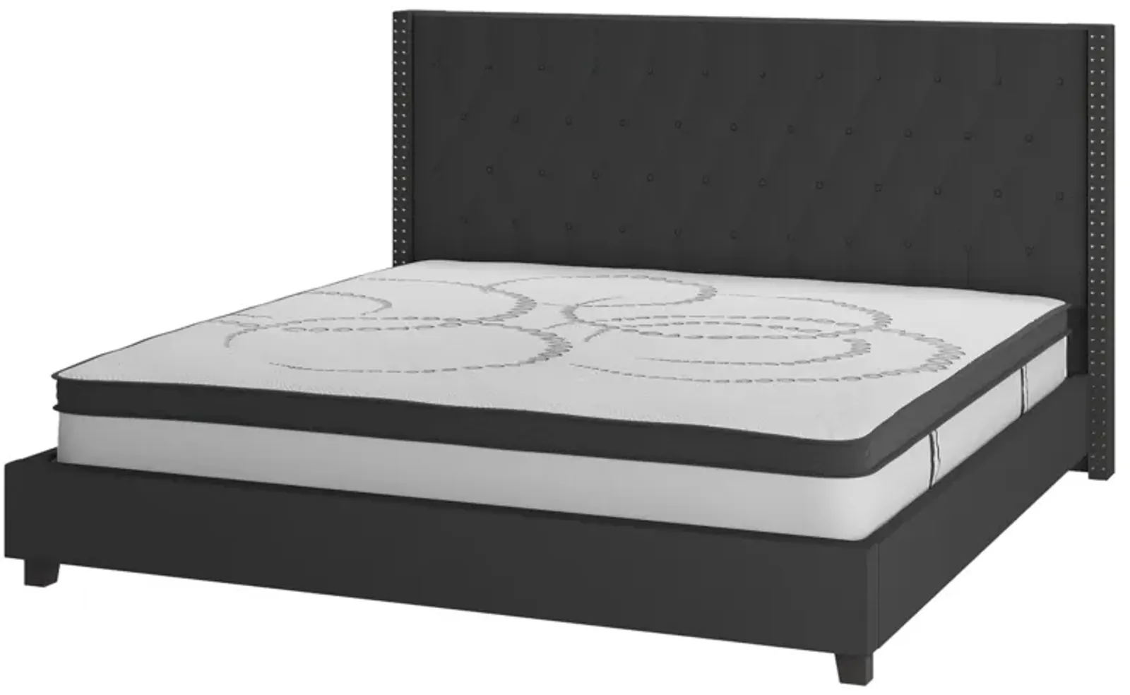 Riverdale King Size Tufted Upholstered Platform Bed in Black Fabric with 10 Inch CertiPUR-US Certified Pocket Spring Mattress