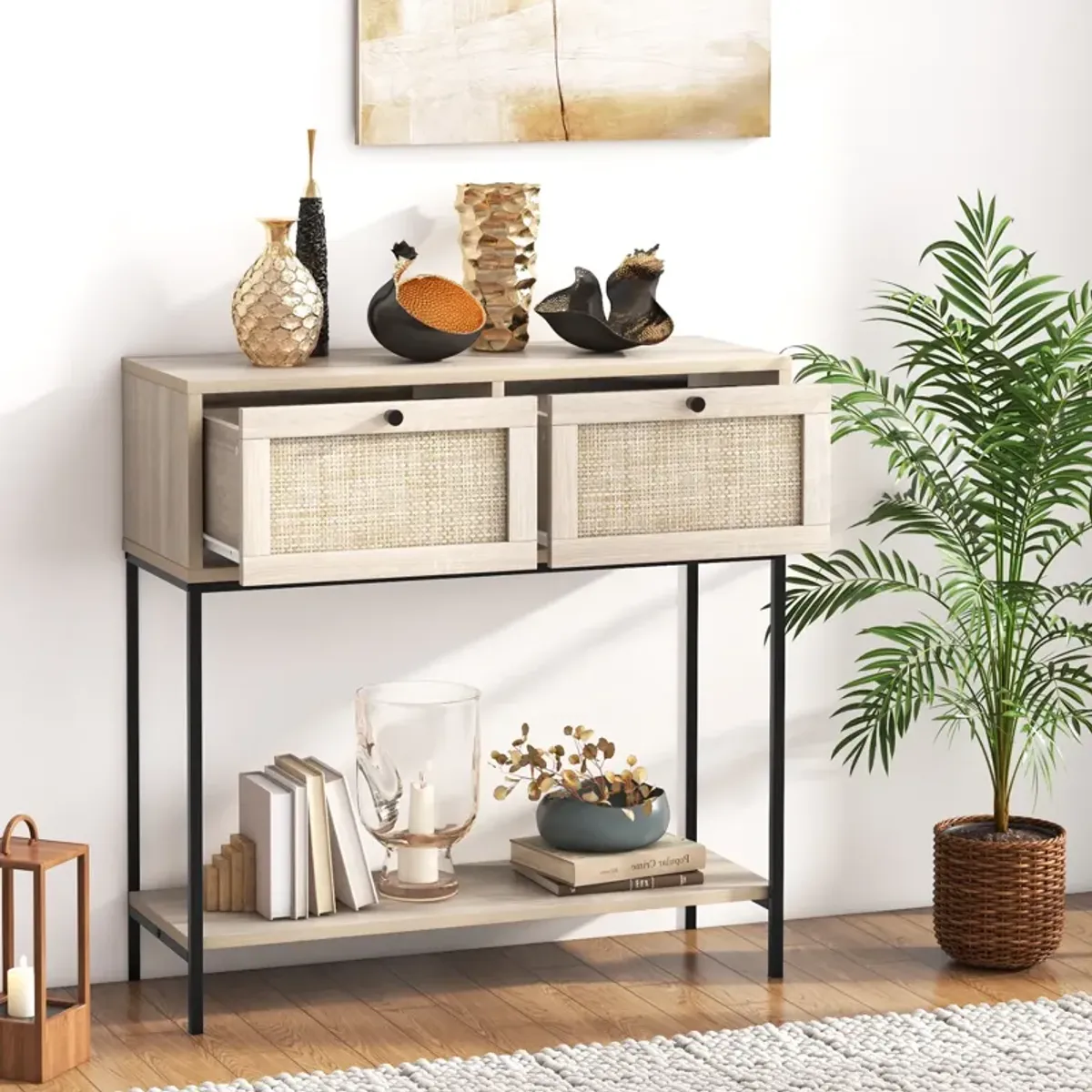 Rattan Console Table Boho Entryway Table with 2 Rattan Drawers and Open Storage Shelf-Oak