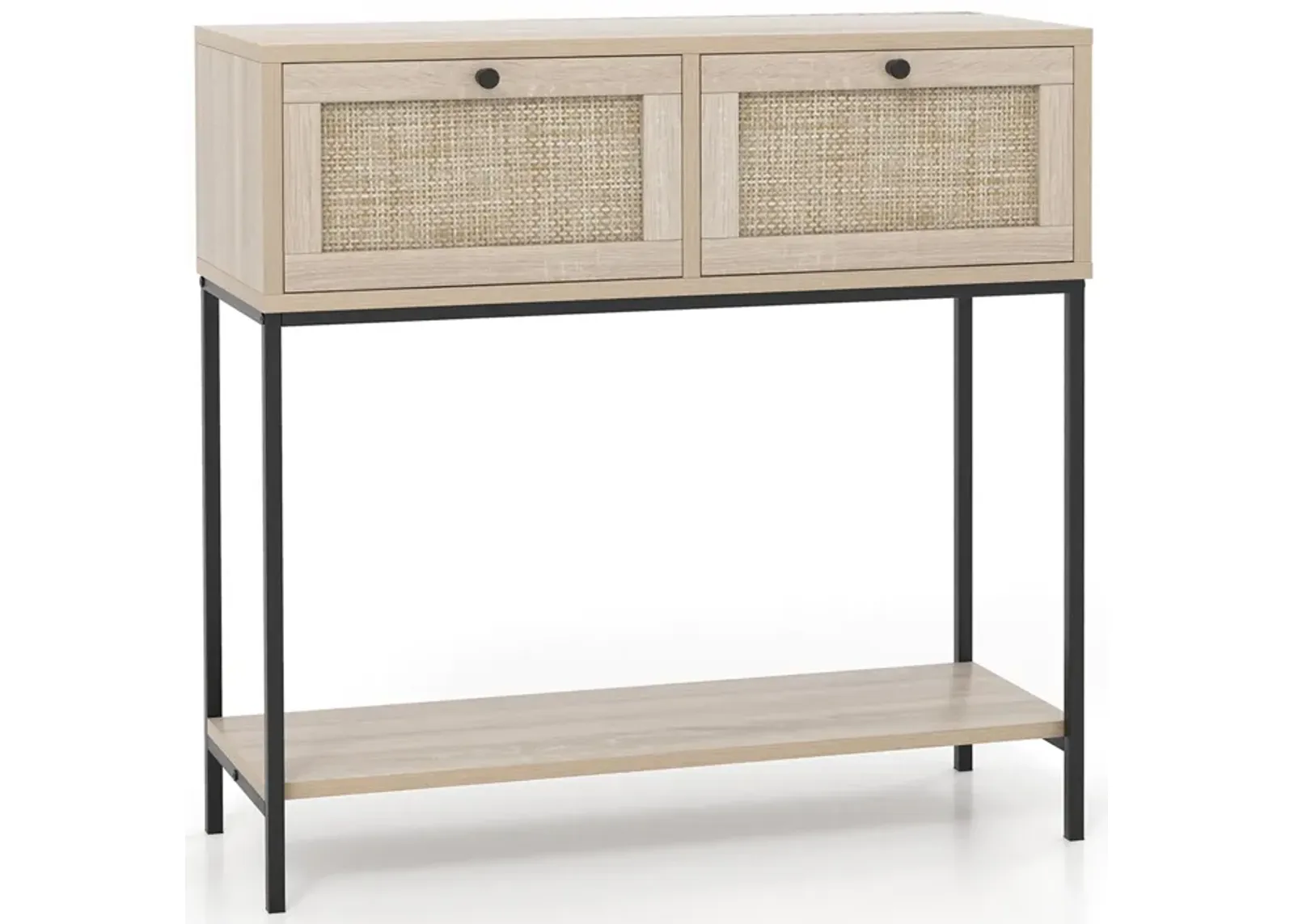 Rattan Console Table Boho Entryway Table with 2 Rattan Drawers and Open Storage Shelf-Oak