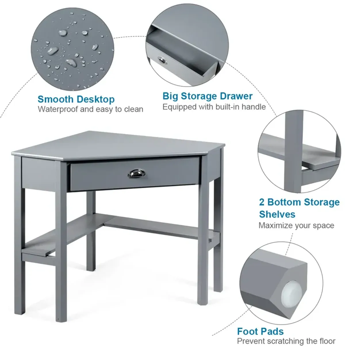 Costway Triangle Computer Desk Corner Office Desk Laptop Table w/ Drawer Shelves Rustic Grey