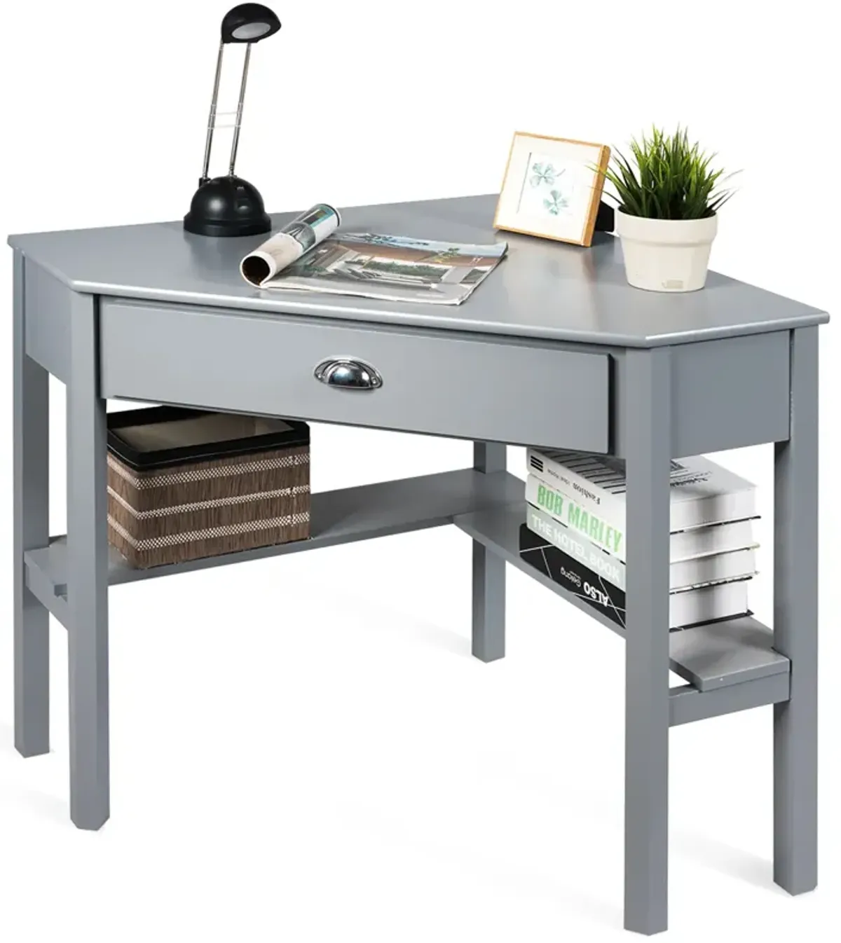 Costway Triangle Computer Desk Corner Office Desk Laptop Table w/ Drawer Shelves Rustic Grey