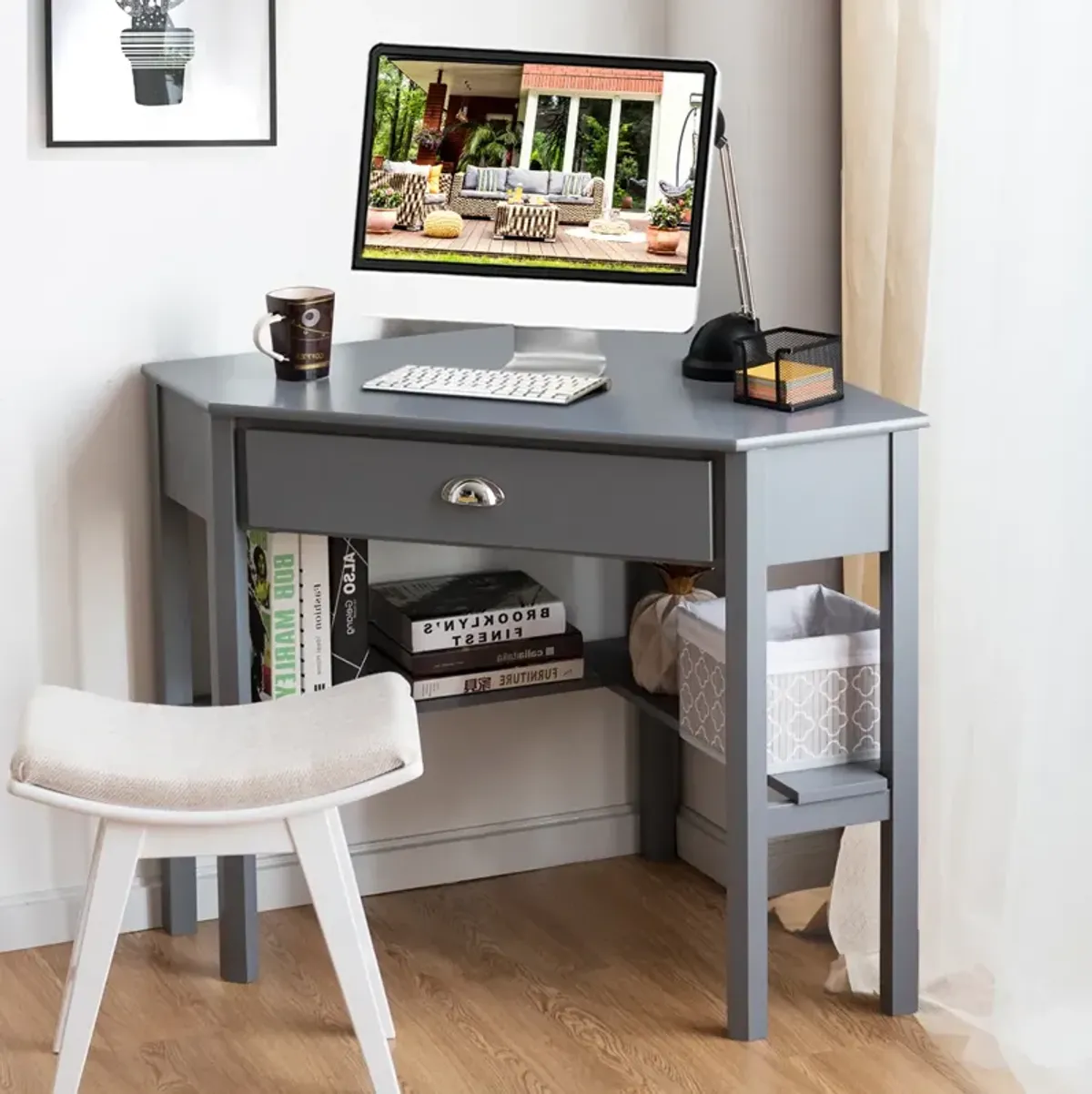 Costway Triangle Computer Desk Corner Office Desk Laptop Table w/ Drawer Shelves Rustic Grey