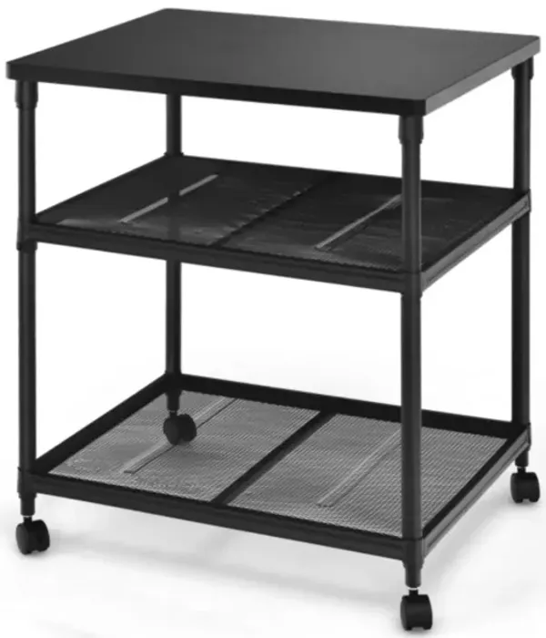 3 Tier Printer Stand Rolling Fax Cart with Adjustable Shelf and Swivel Wheels
