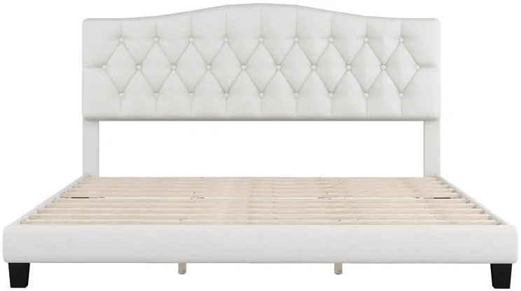 Merax Upholstered Platform Bed with Saddle Curved Headboard and Diamond Tufted Details